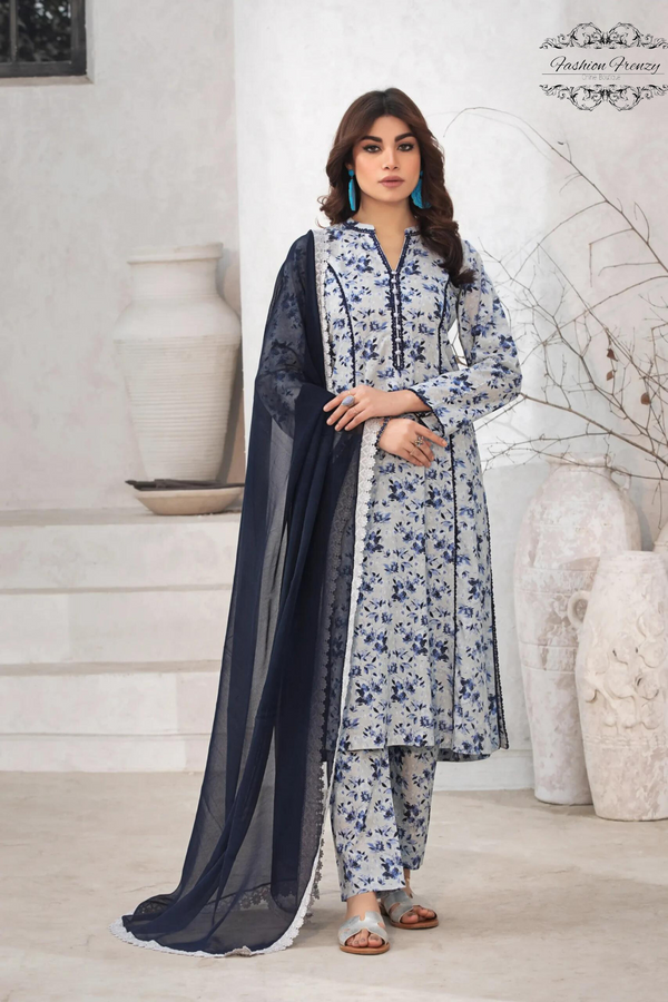 Blue Cambric Cotton Embroidered Frock Set with Chiffon Dupatta