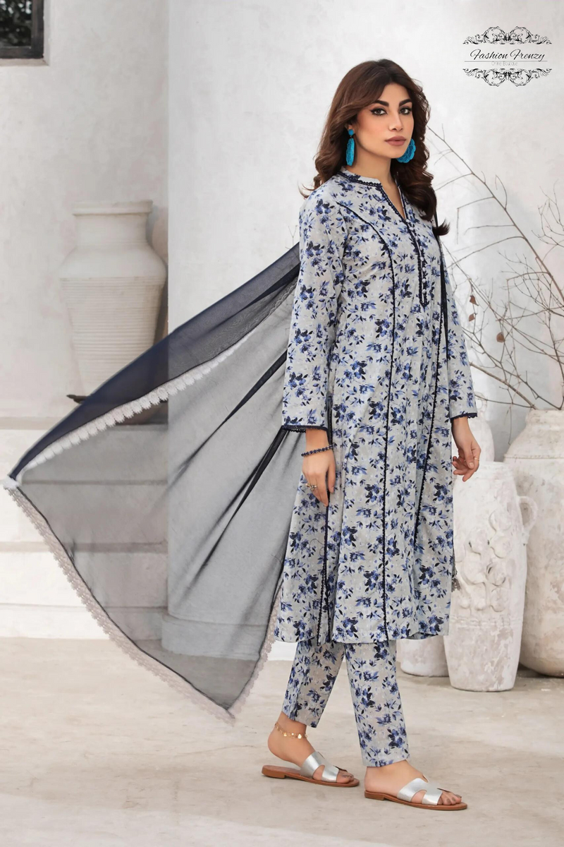 Blue Cambric Cotton Embroidered Frock Set with Chiffon Dupatta