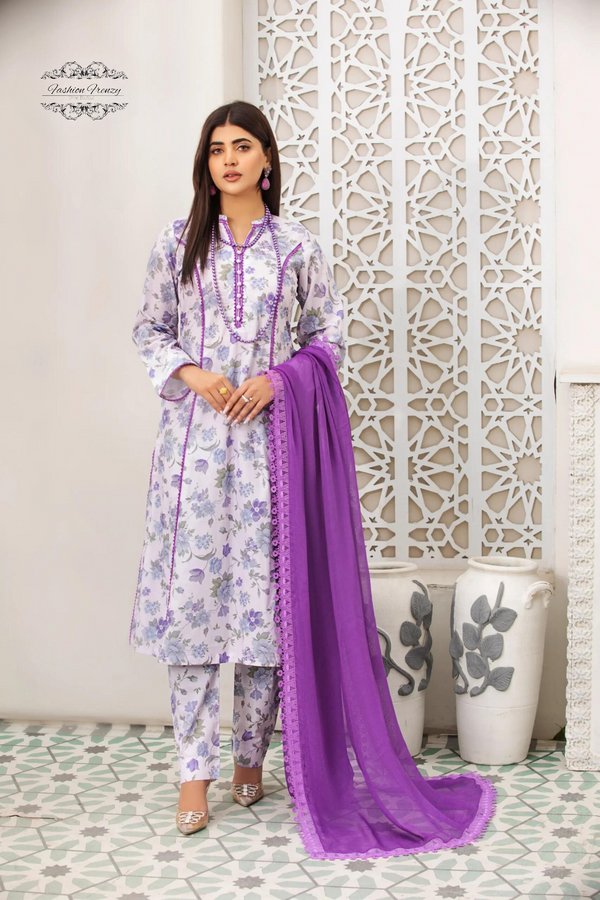 Embroidered Purple Cambric Cotton Frock Set with Chiffon Dupatta