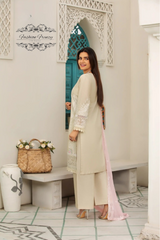 Beige 3-Piece Embroidered Cambric Cotton Suit for Women - Fashion Frenzy