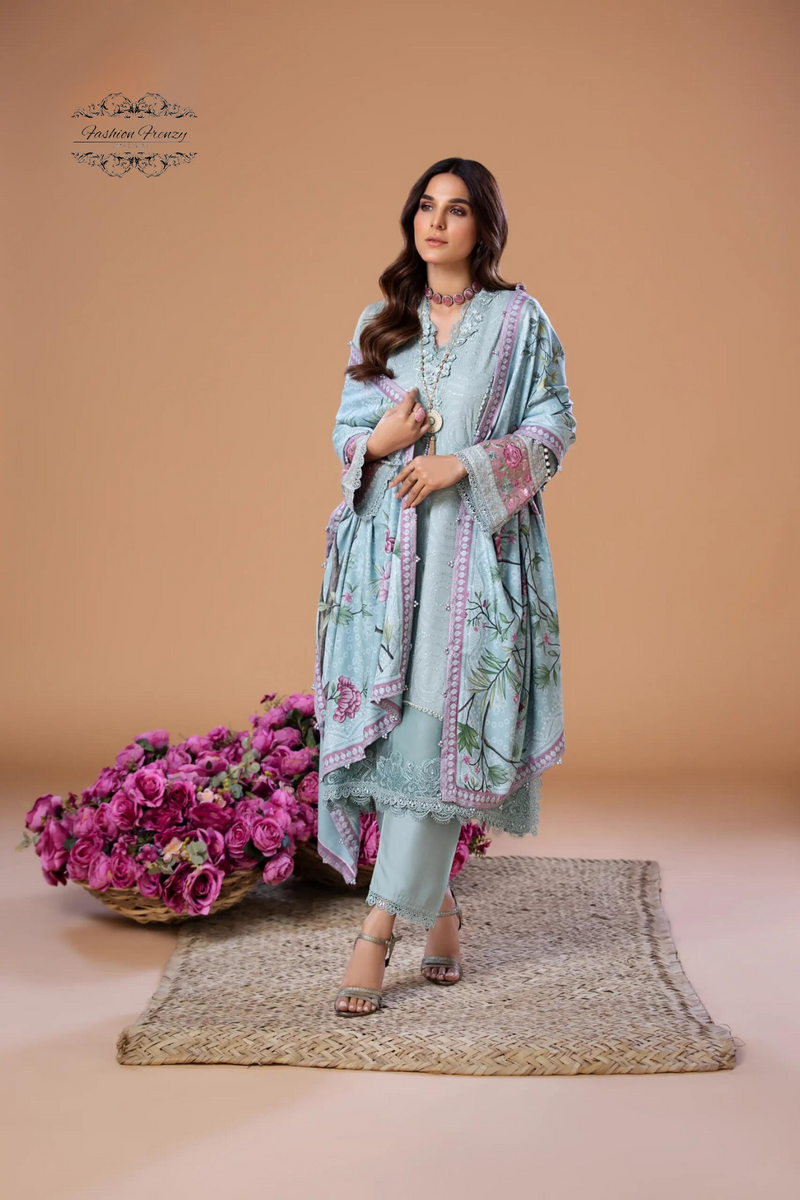 3D Floral Embroidered Cambric Cotton Kurta Set with Digital Lace Dupatta