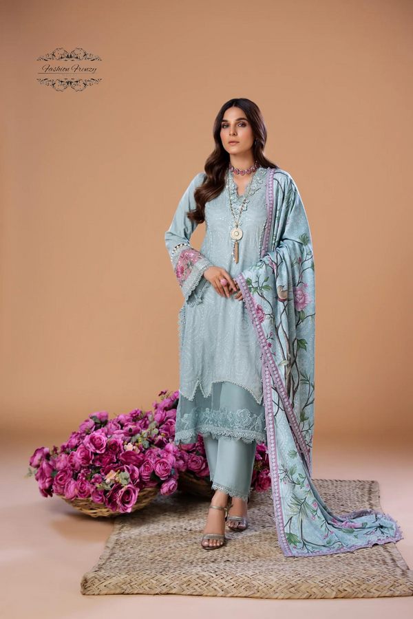 3D Floral Embroidered Cambric Cotton Kurta Set with Digital Lace Dupatta