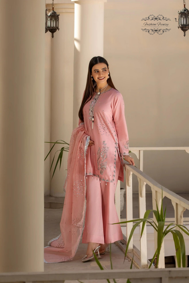 Pink Embellished Cambric Cotton Kurta Set with Embroidered Dupatta