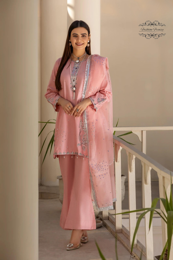 Pink Embellished Cambric Cotton Kurta Set with Embroidered Dupatta